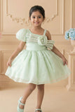 Pista Green One-Shoulder Party Frock with 3D Floral Bow For Girls
