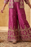 Purple Geometric Diamond Embroidered Crop Top with Jacket and Palazzo Set