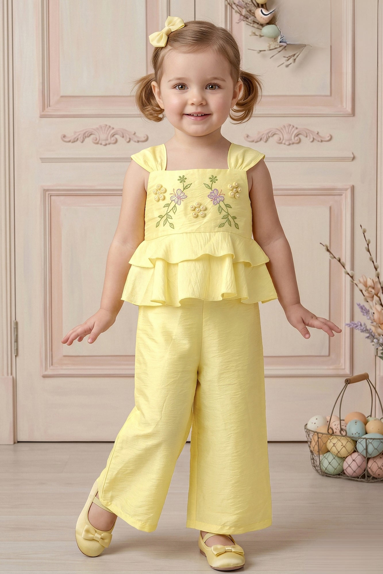 Girls Yellow Embroidered Peplum Top with Palazzo Pants Co Ord Set