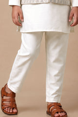 Boys Elegant Ivory Bird And Floral Kurta Set With Nehru Jacket