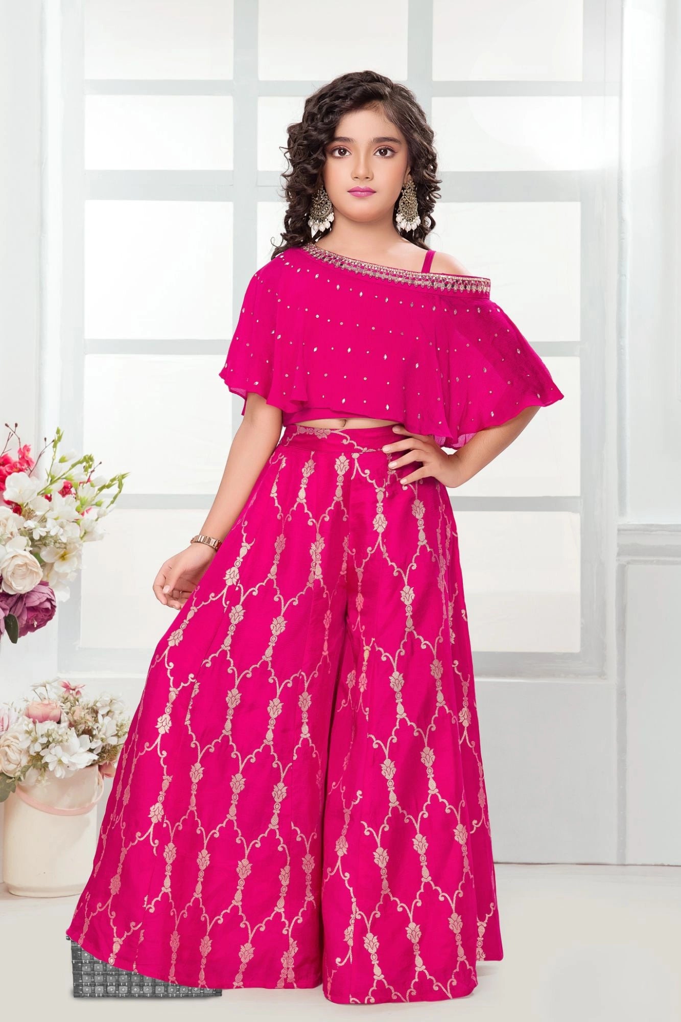 Rani Pink Off Shoulder Embroidered Palazzo Set For Girls