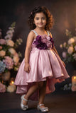 Girls Pink High Low Party Wear Frock with 3D Floral Applique