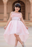 Elegant Peach Embellished High-Low Party Wear Frock with Floral Bodice For Girls