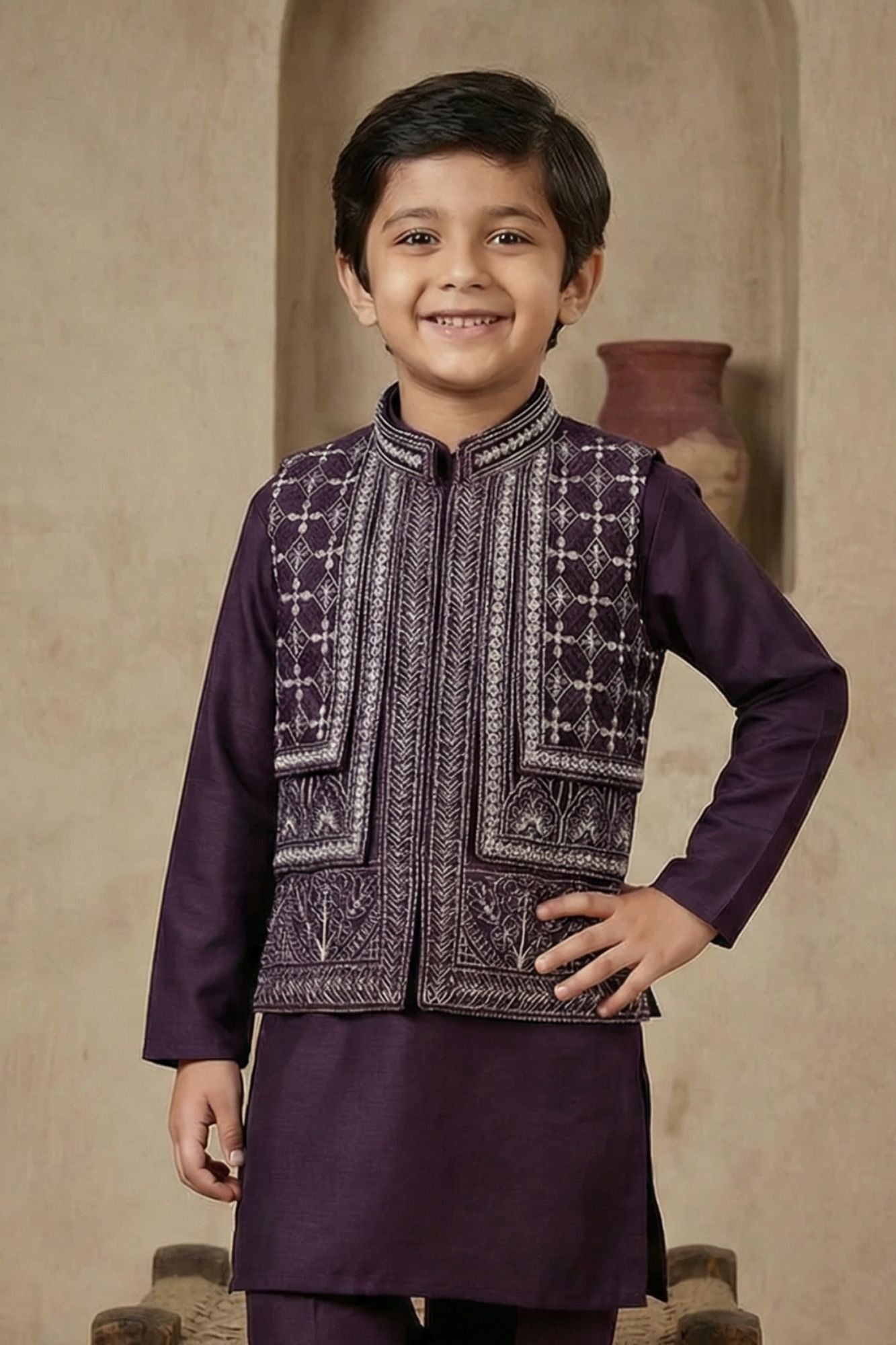 Wine Zari Work Kurta Pajama Set With Jacket For Boys