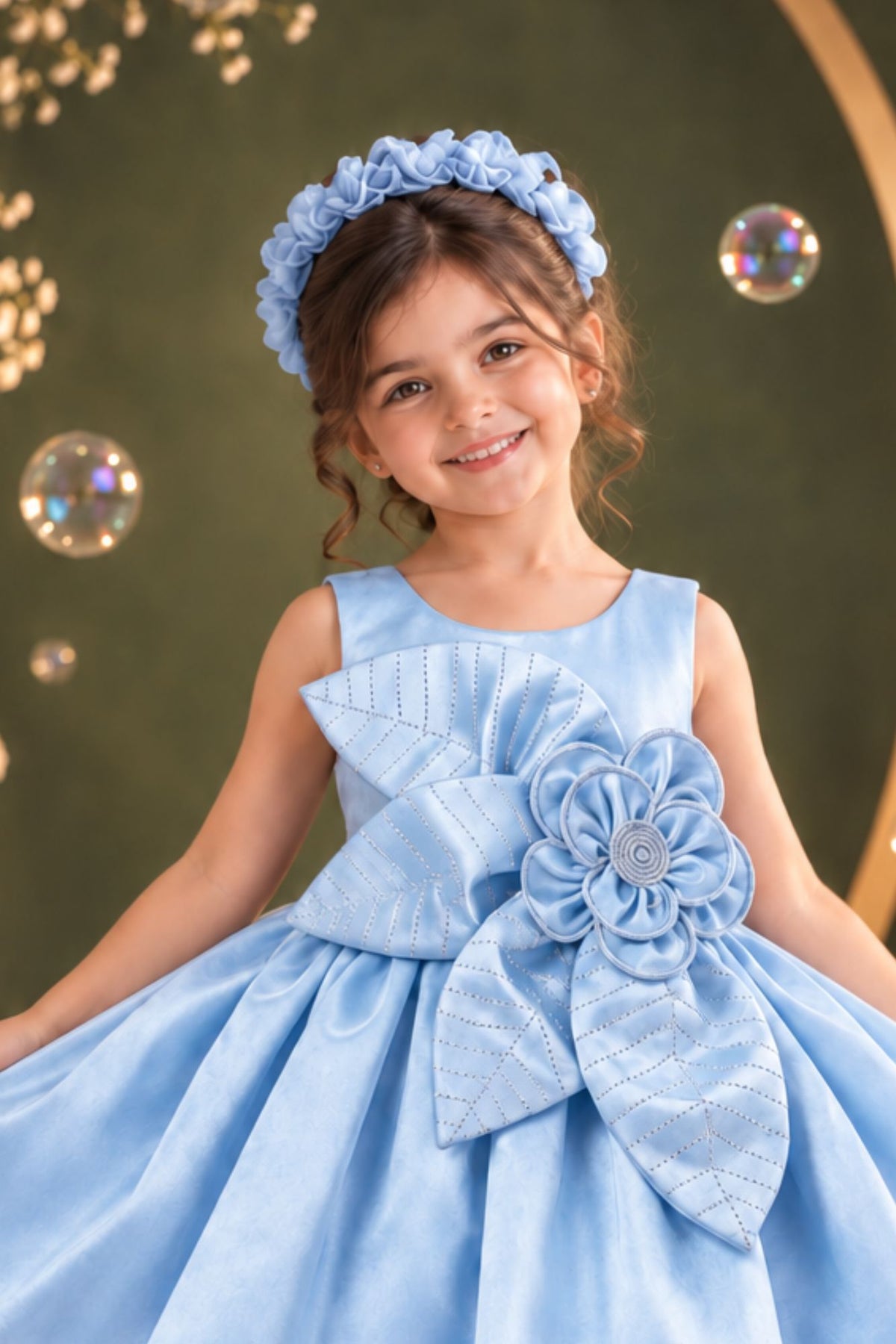 Powder Blue Floral Party Wear Frock For Baby Girls