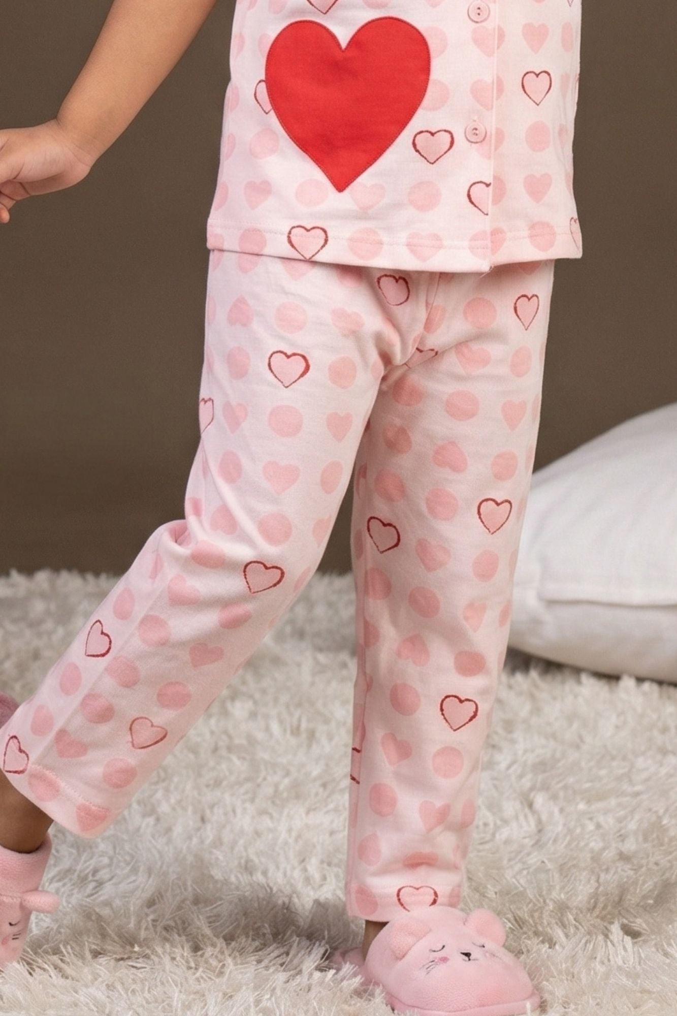 Pink Heart Print Night Suit Set For Girls