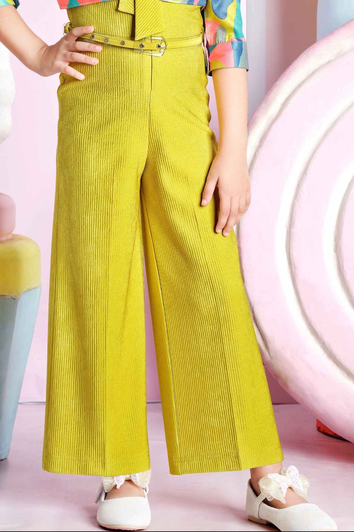 Stylish Mustard Jumpsuit With Multicolor Printed Over Coat For Girls