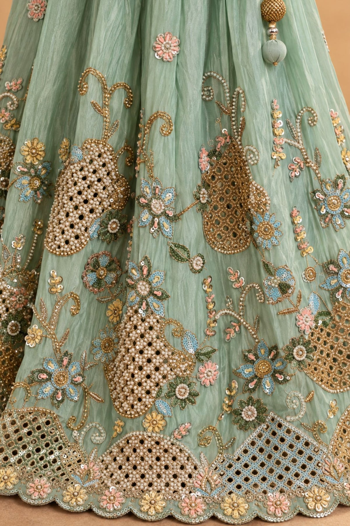Mint Green Embroidered Lehenga Choli Set with Latkan Tie-Up For Girls