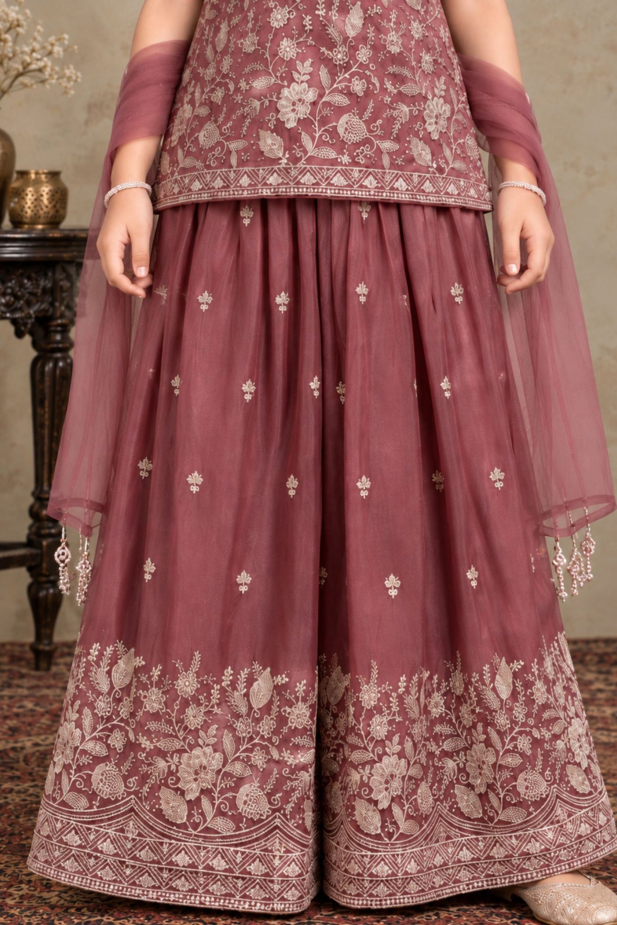 Girls Mauve With Gold Zari Embroidered Palazzo Set with Dupatta