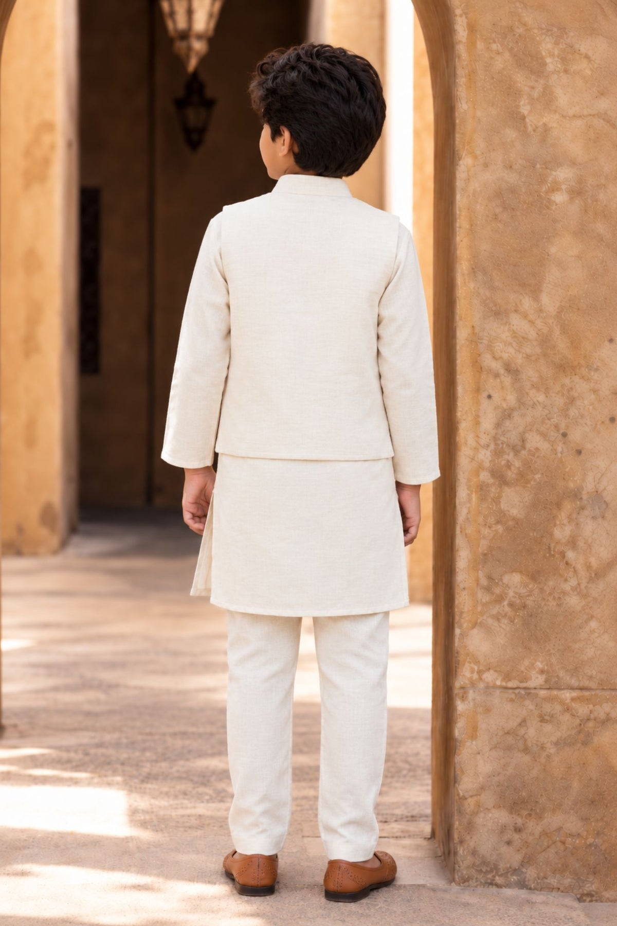 White Kurta with Embroidered Waist-coat For Boys