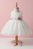 Ivory Party Dress With Floral Appliqué For Girls