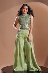 Girls Olive Green Embroidered Palazzo Set With Stylish Crop Top