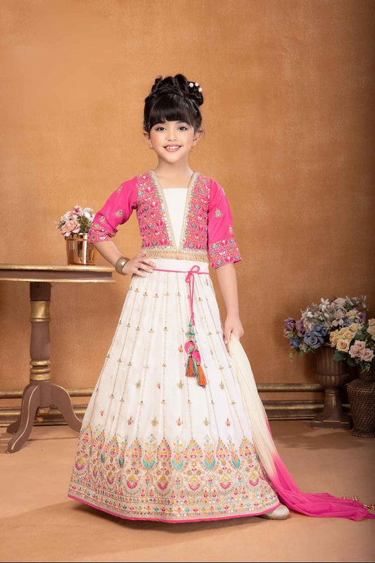 Off White And Pink Lehenga Choli With Embroidered And Sequin For Girls