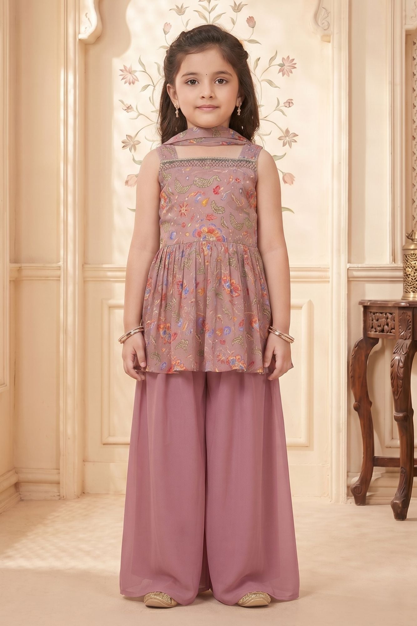 Mauve Pink Floral Printed Peplum Palazzo Set For Girls