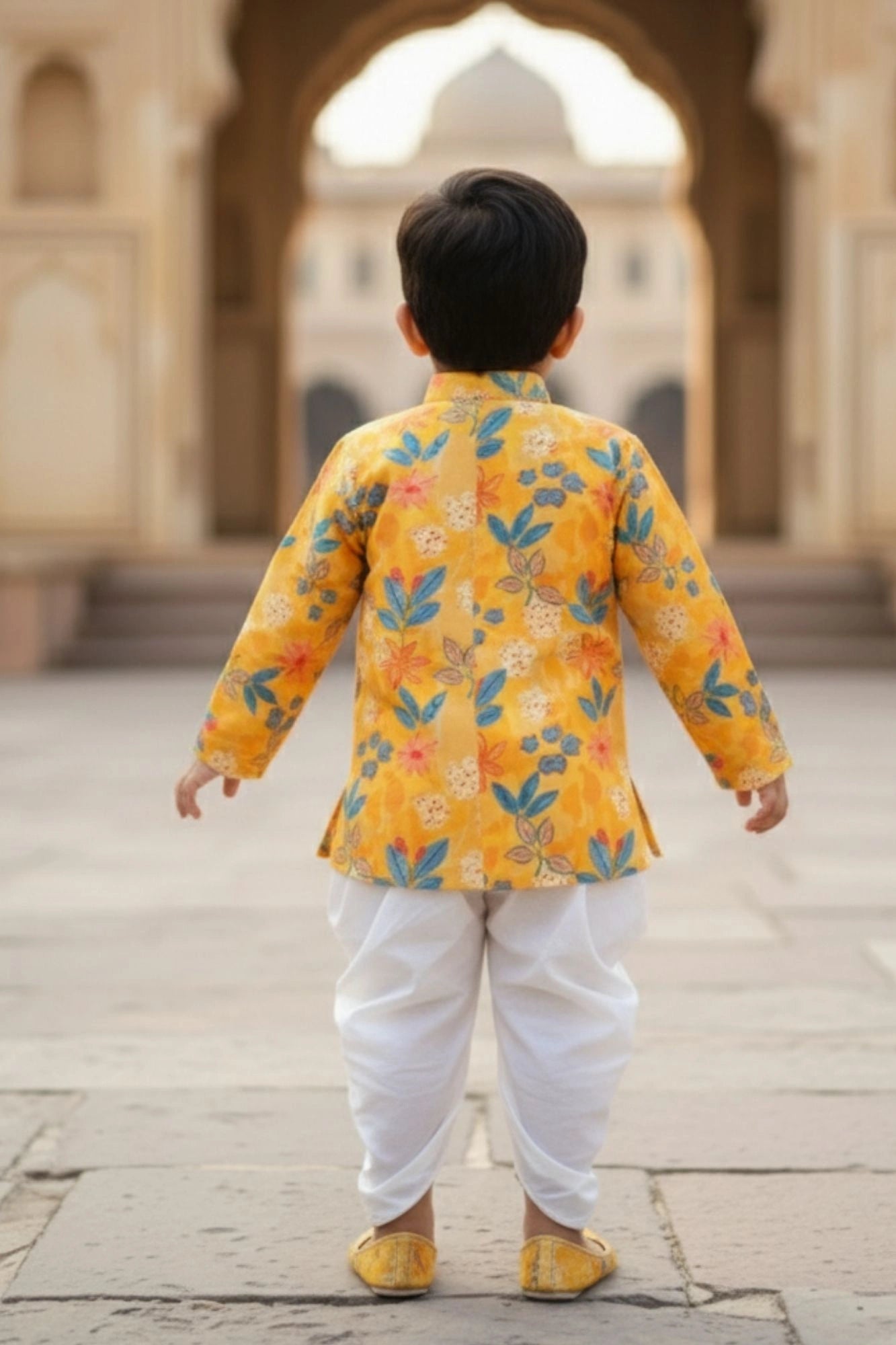 Mustard Yellow Floral Printed Kurta Dhoti Set with Accessories For Boys