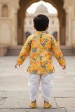 Mustard Yellow Floral Printed Kurta Dhoti Set with Accessories For Boys