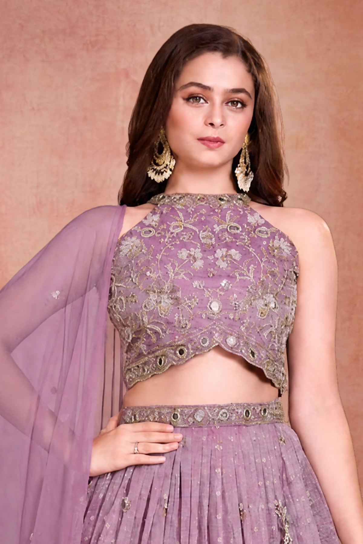 Girls Dusty Purple Mirror Work Floral Embroidered Lehenga Choli Set