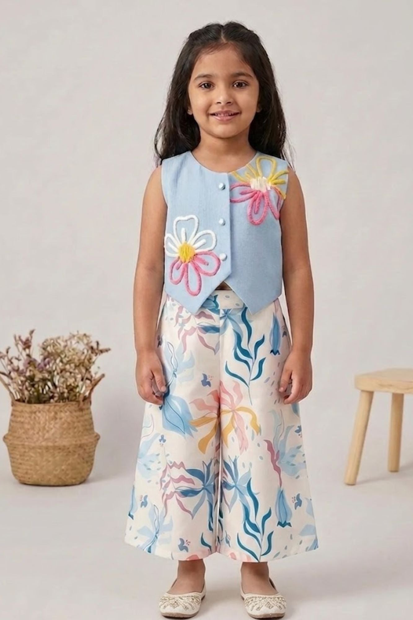 Girls Blue Floral Applique Set with Sleeveless Top And Printed Wide-Leg Pants