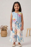 Girls Blue Floral Applique Set with Sleeveless Top And Printed Wide-Leg Pants