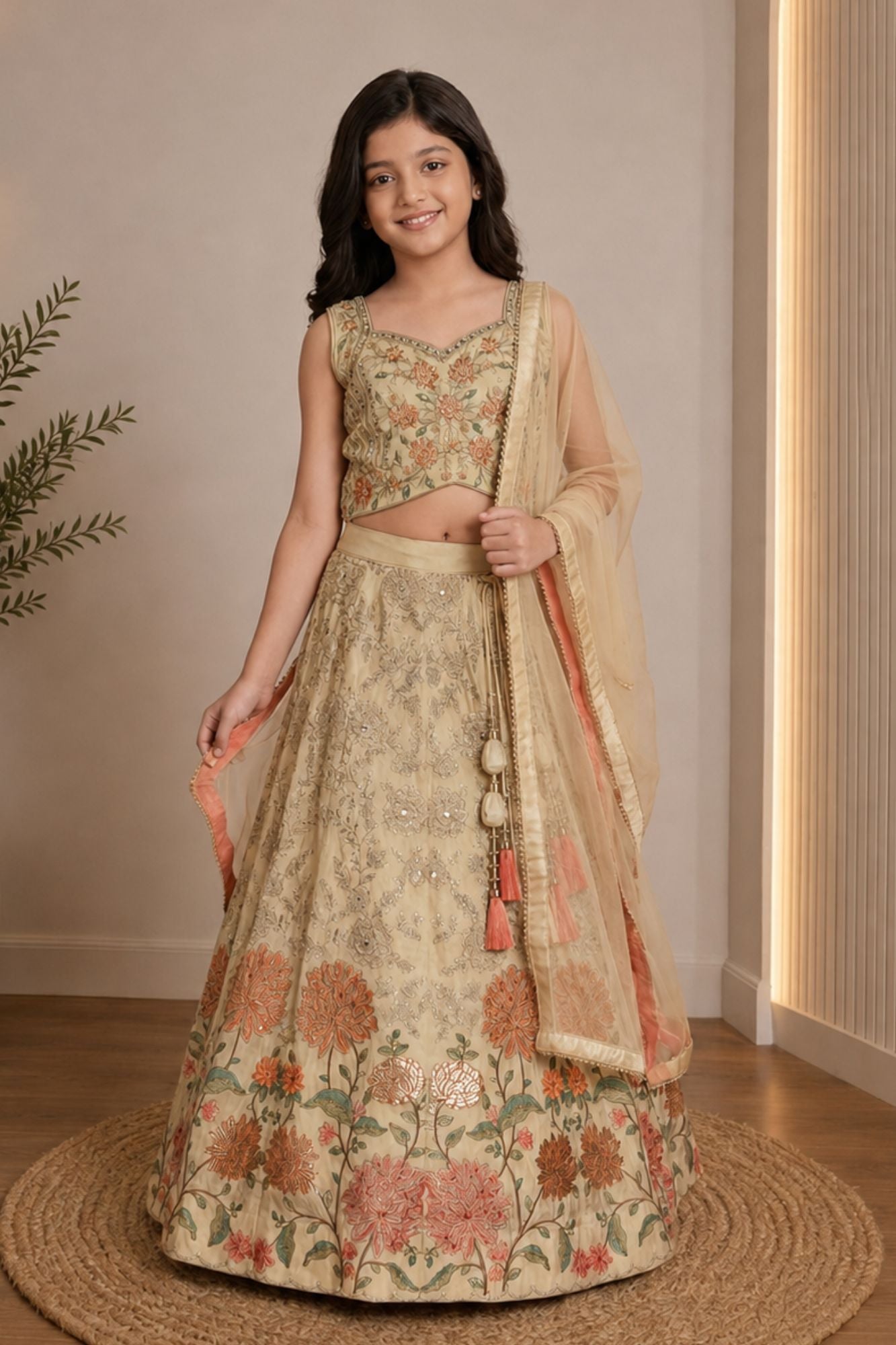 Cream Floral Embroidered Lehenga Choli Set with Dupatta For Girls