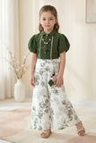 Girls Forest Green Puff Sleeve Top with Printed Palazzo Pants