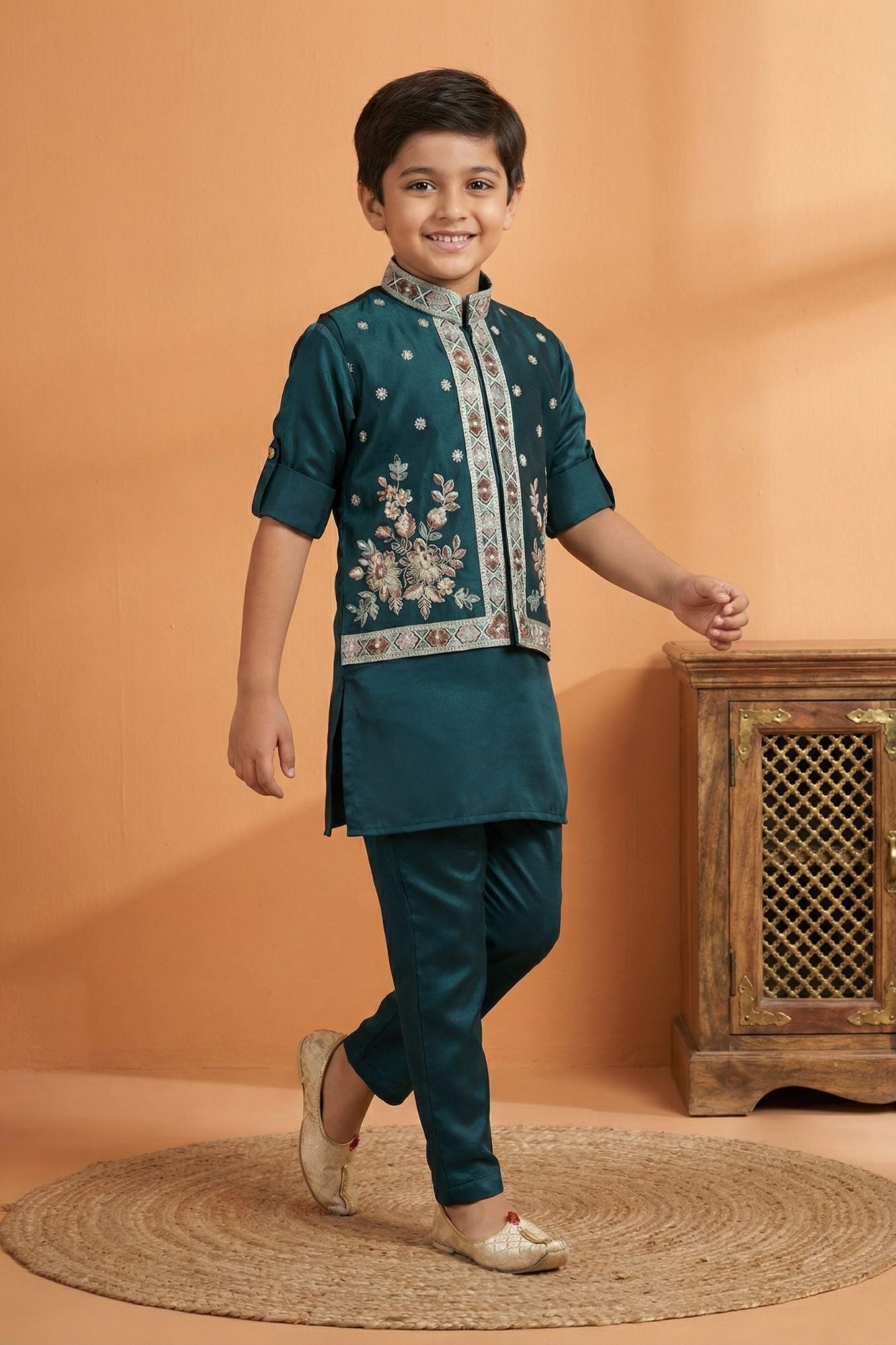 Teal Blue Embroidered Kurta Set with Nehru Jacket For Boys