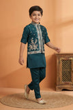 Teal Blue Embroidered Kurta Set with Nehru Jacket For Boys