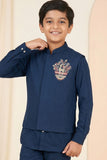 Blue Embroidered Kurta Set With Mandarin Collar For Boys