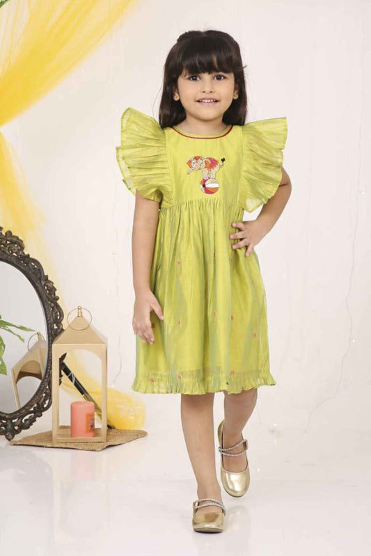 Green Frill Sleeves Chanderi Silk Frock With Zari Embroidery For Girls