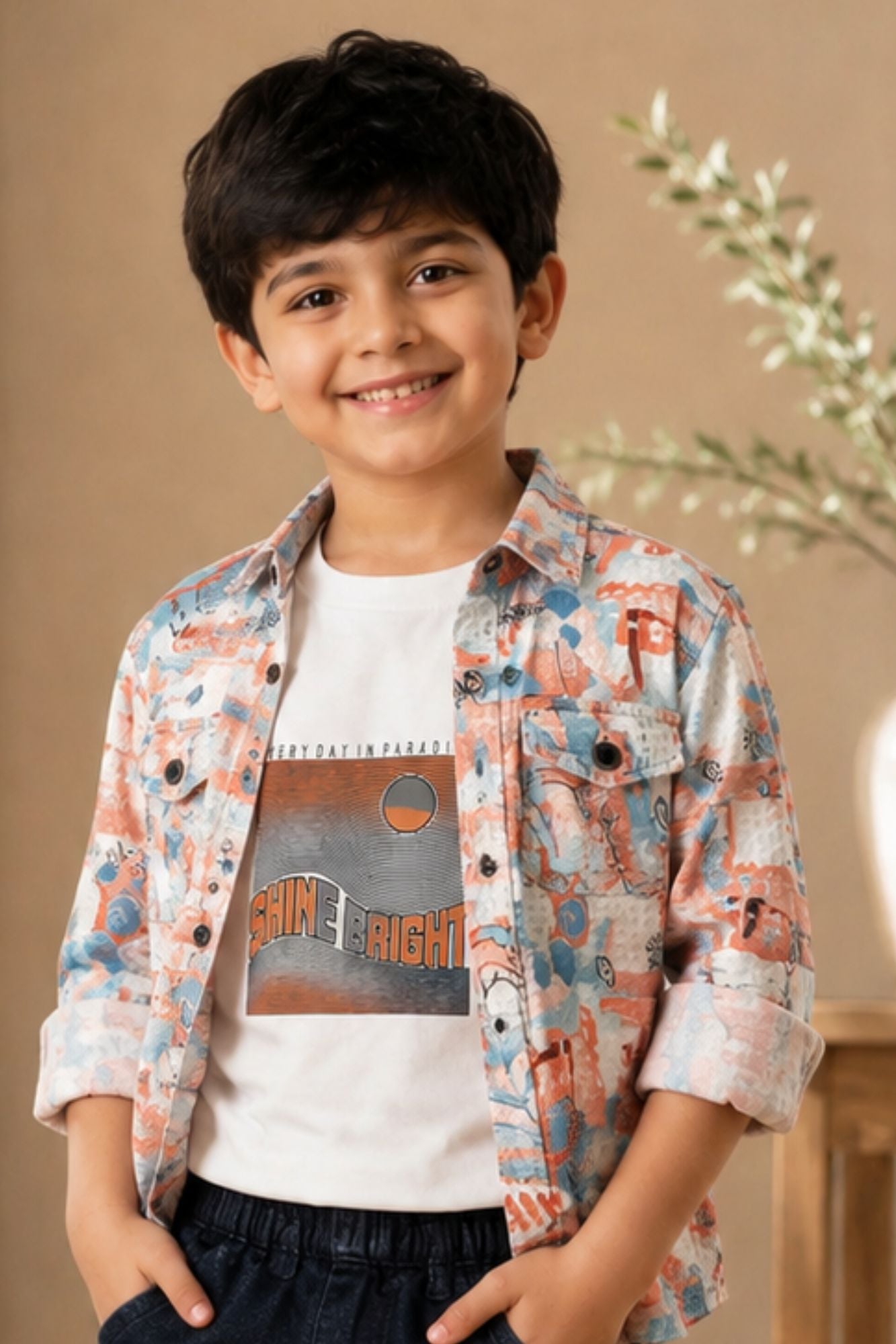 Boys White Graphic T-Shirt with Printed Shirt and Navy Cargo Jeans Set