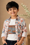 Boys White Graphic T-Shirt with Printed Shirt and Navy Cargo Jeans Set