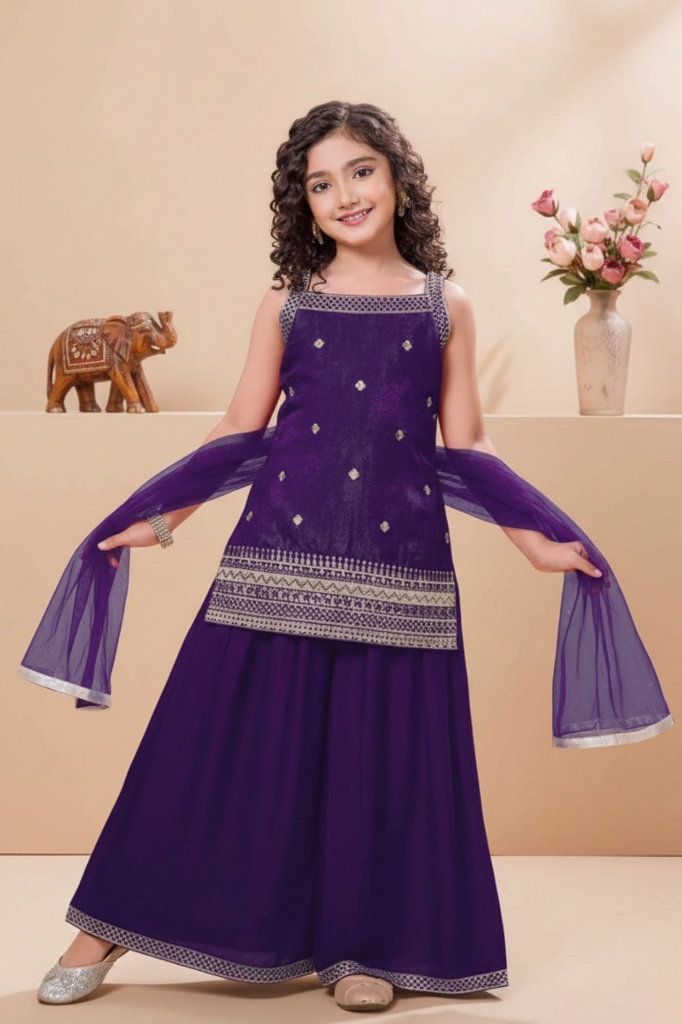 Violet Embroidered Kurti And Palazzo Set for Girls