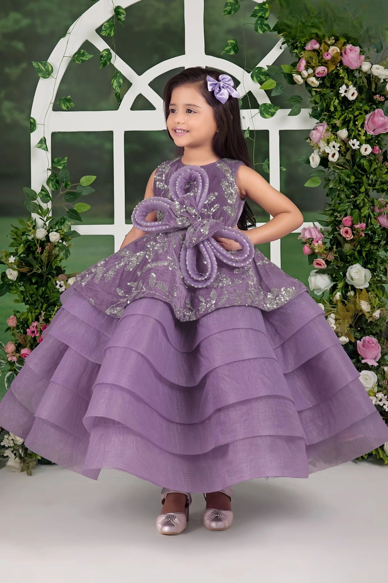 Lavender Layered Party Gown with 3D Floral Bow For Girls