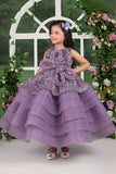 Lavender Layered Party Gown with 3D Floral Bow For Girls