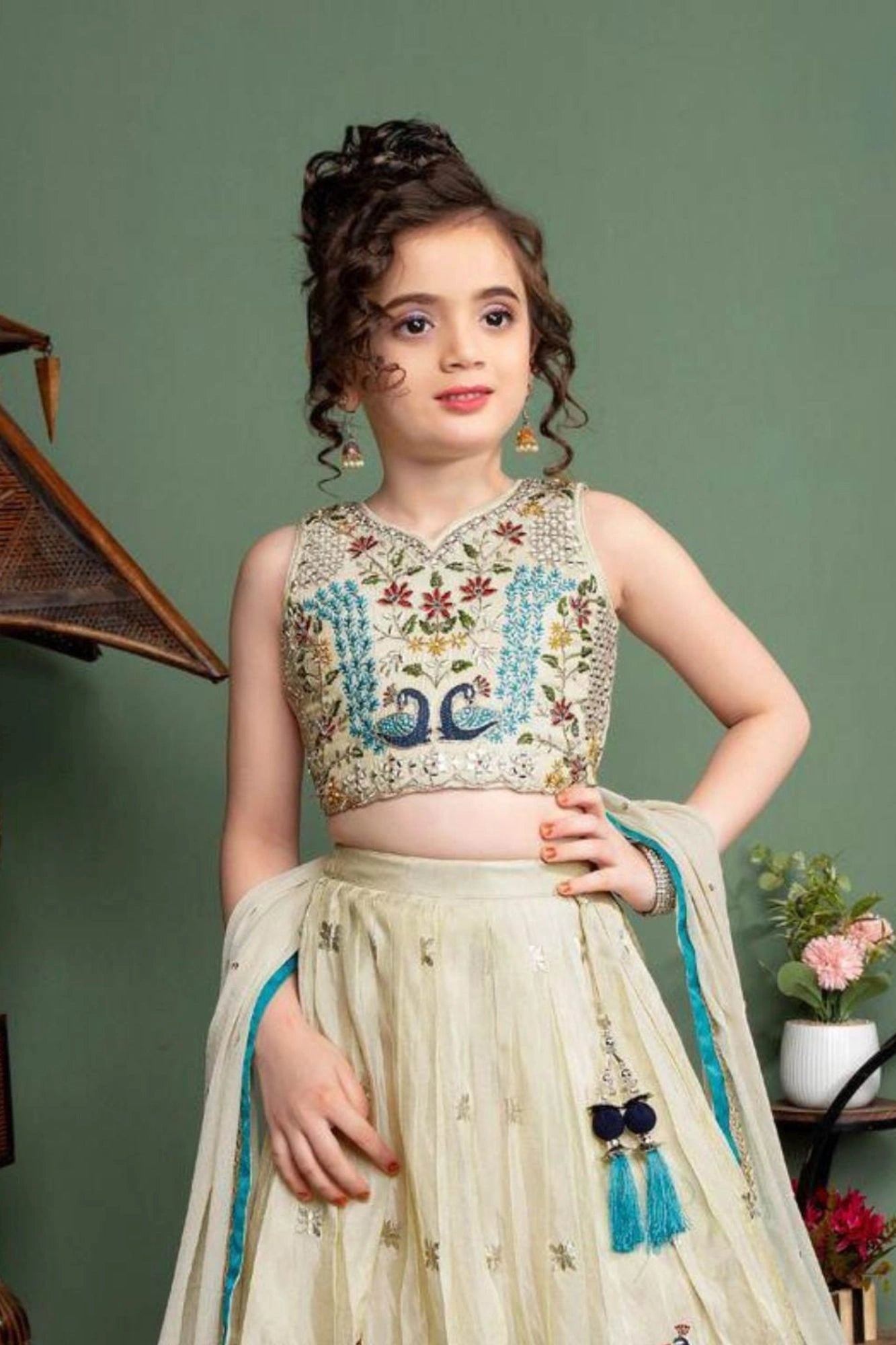 Cream Peacock Embroidered Lehenga Choli Set for Girls