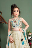 Cream Peacock Embroidered Lehenga Choli Set for Girls