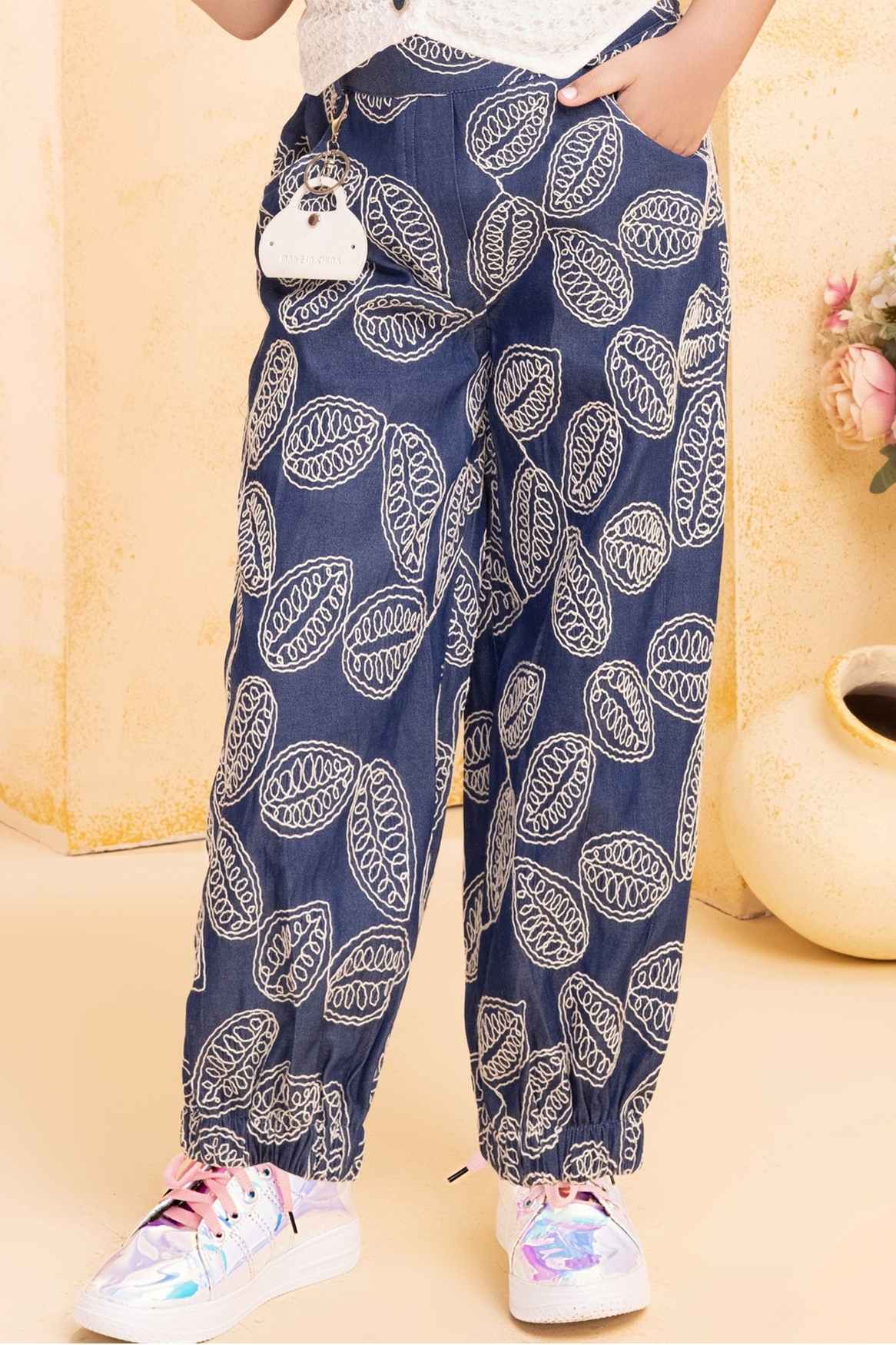 Blue Shirt And Denim Embroidered Jogger Set For Girls