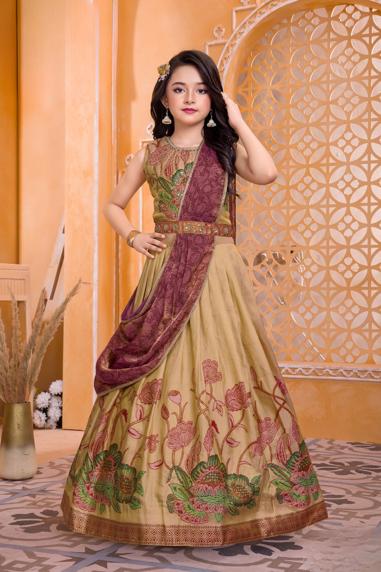 Girls Gold Lehenga Choli With Floral Embroidery And Maroon Dupatta
