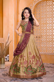 Girls Gold Lehenga Choli With Floral Embroidery And Maroon Dupatta