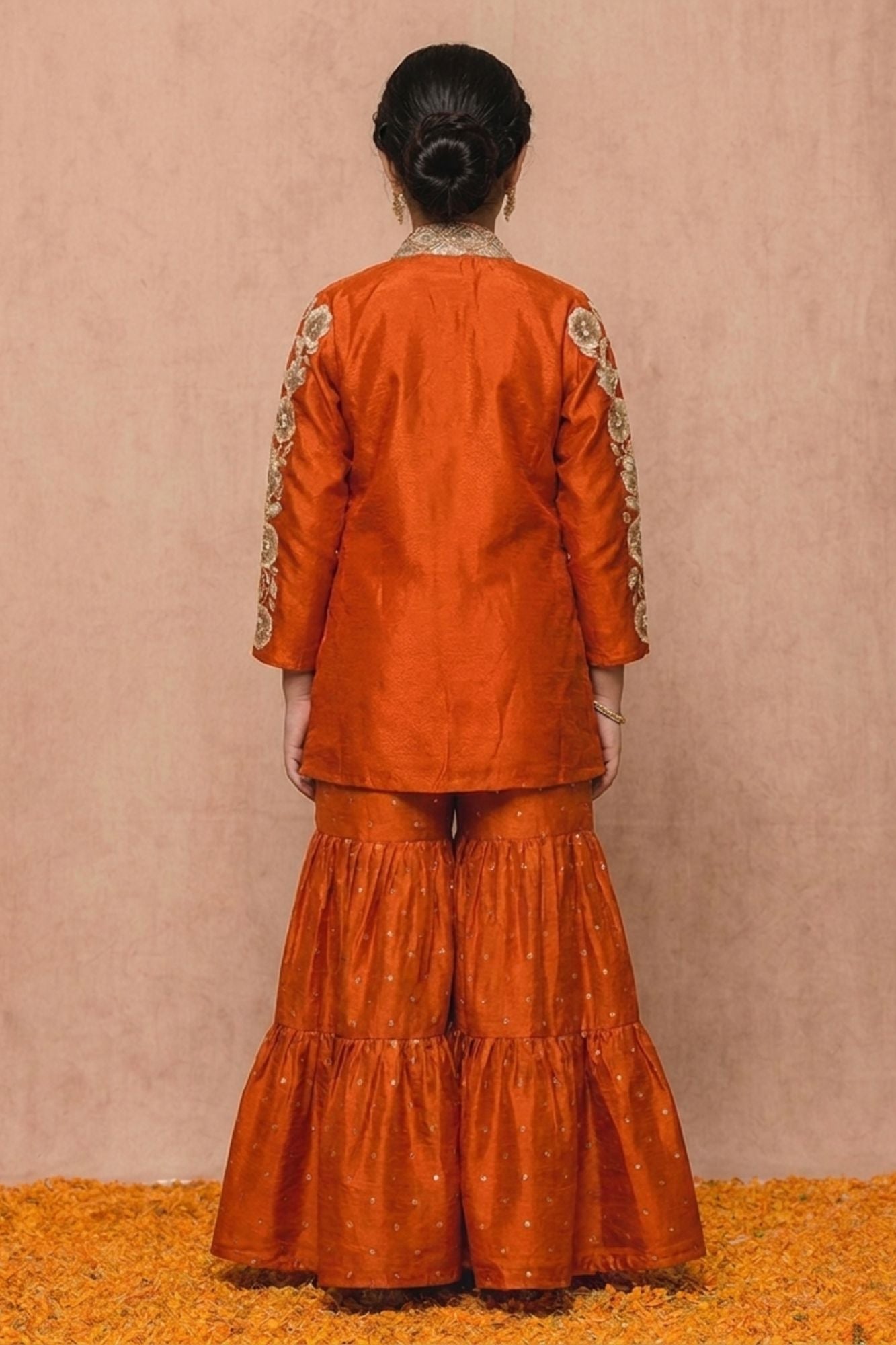 Rust Orange And Gold Floral Embroidered Jacket With Embellished Sharara Set