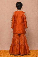 Rust Orange And Gold Floral Embroidered Jacket With Embellished Sharara Set