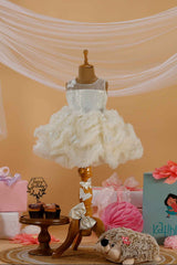 Cream Ruffled And Sequin Frock With Overcoat For Girls