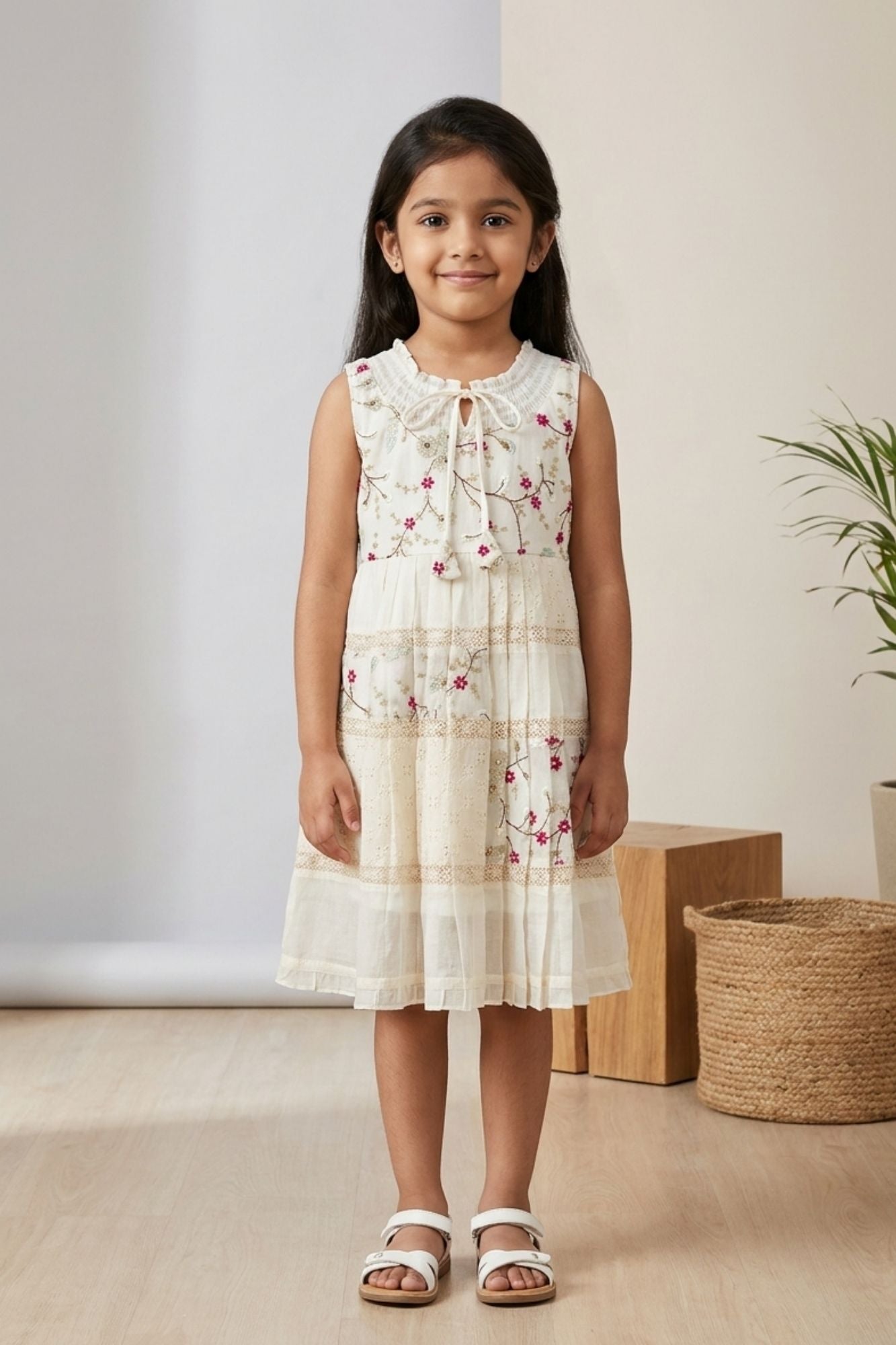 Girls Off-White Floral Embroidered Dress with Tie-Up Neck