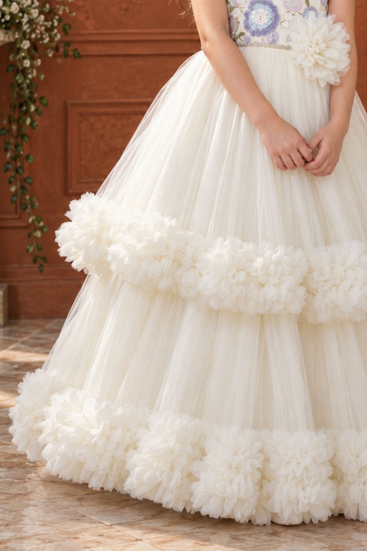 Off-White Floral Embroidered Net Party Gown with Layered Ruffle Hem For Girls