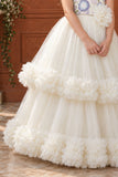 Off-White Floral Embroidered Net Party Gown with Layered Ruffle Hem For Girls