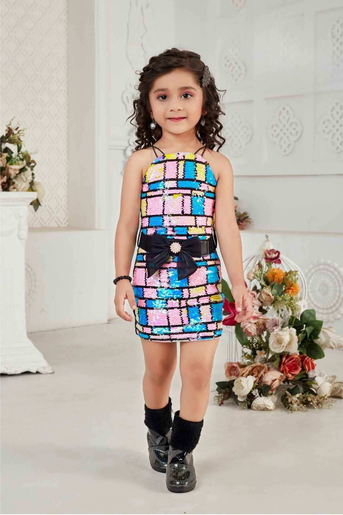 Pink Sequin Work Party Wear Dress For Girls