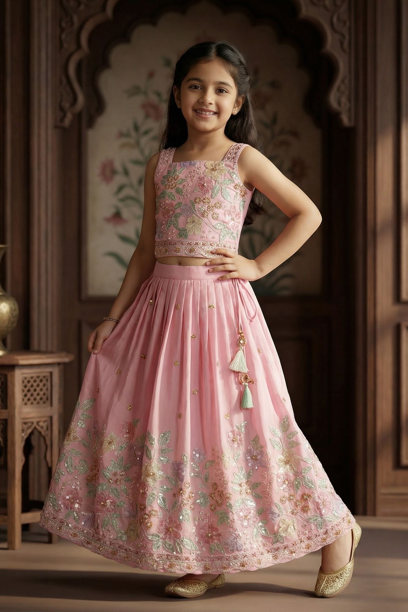 Girls Pink Floral Embroidered Lehenga Set With Dupatta