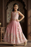 Girls Pink Floral Embroidered Lehenga Set With Dupatta