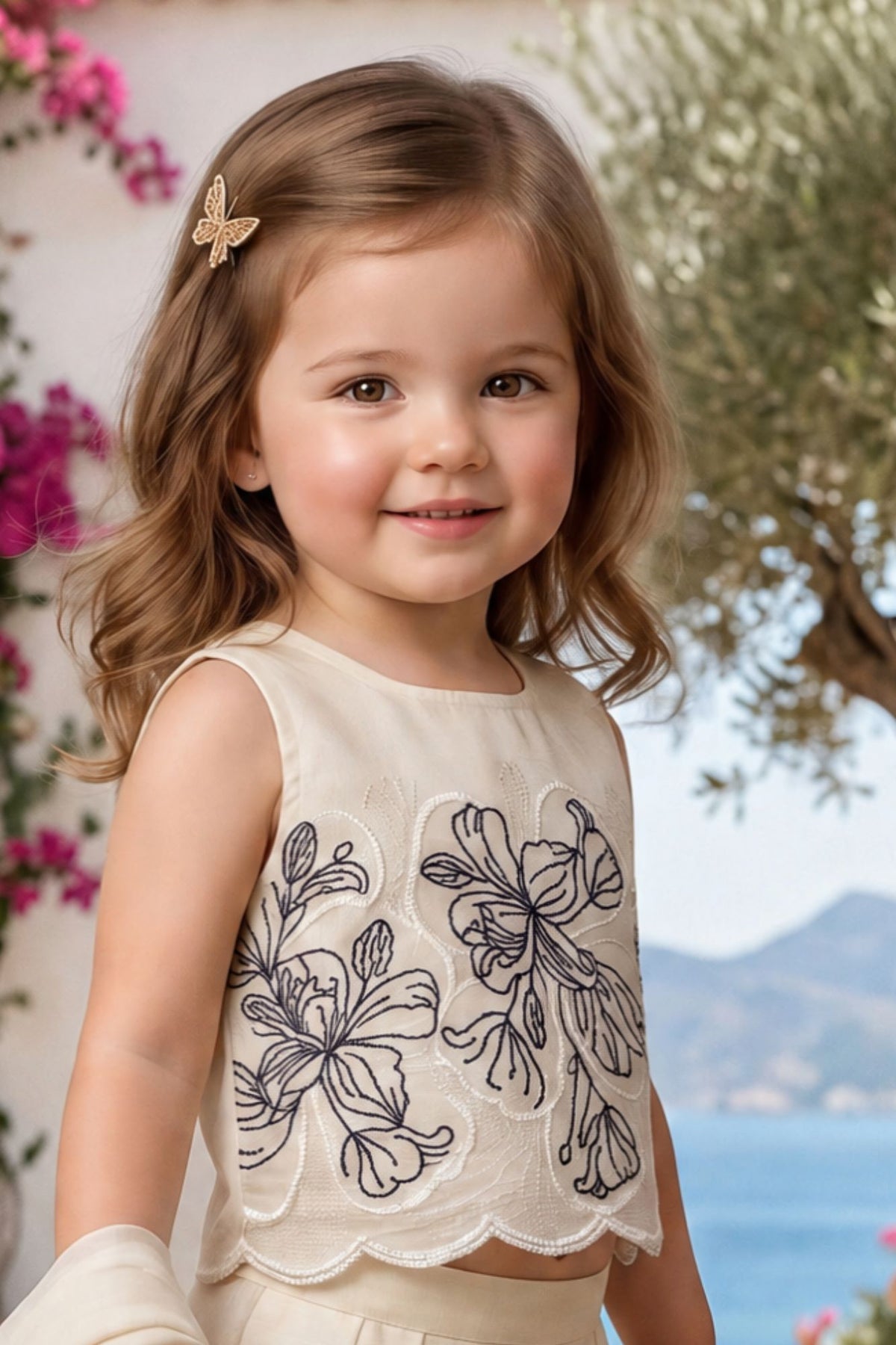 Girls Cream Floral Embroidered Sleeveless Crop Top Palazzo Set with Dupatta