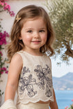 Girls Cream Floral Embroidered Sleeveless Crop Top Palazzo Set with Dupatta